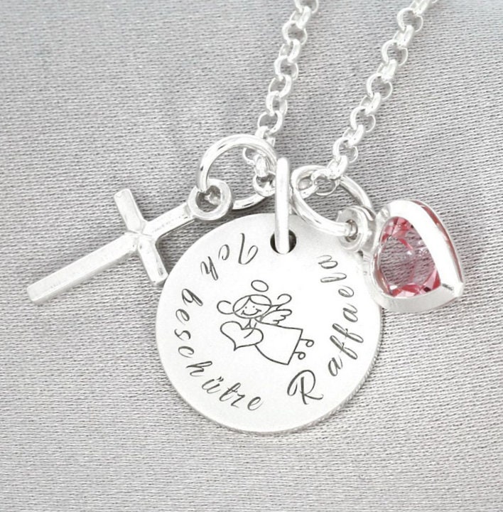 Taufkette Gravur, 13mm Anhänger Kreuz, Taufe Kette, Kristallherz, Geschenk Zur Kommunion Konfirmation Geburt Einschulung Geburtstag Kinder von BubiduDE