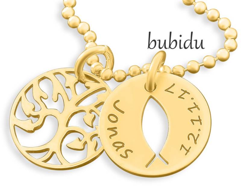 Taufkette Gravur Gold - Ichthys Taufschmuck Lebensbaum Kette Baby Schmuck Taufgeschenk Personalisiert Namenskette Taufe Fisch | Bubidu von BubiduDE