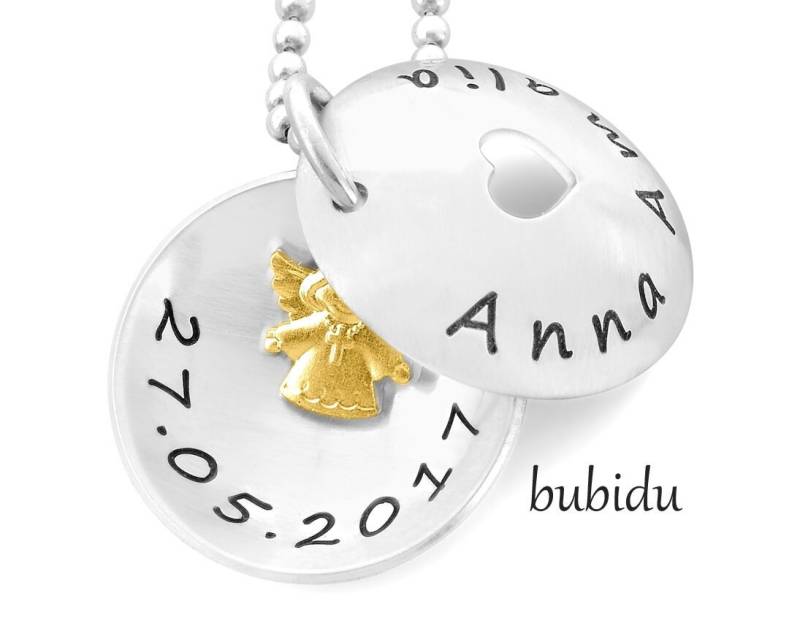 Taufkette Gravur Medaillon Taufe Engel Schmuck 925 Sterling Silber Kette Engelchen Taufmedaillon Kinderkette Namen Silberschmuck Mädchen von BubiduDE