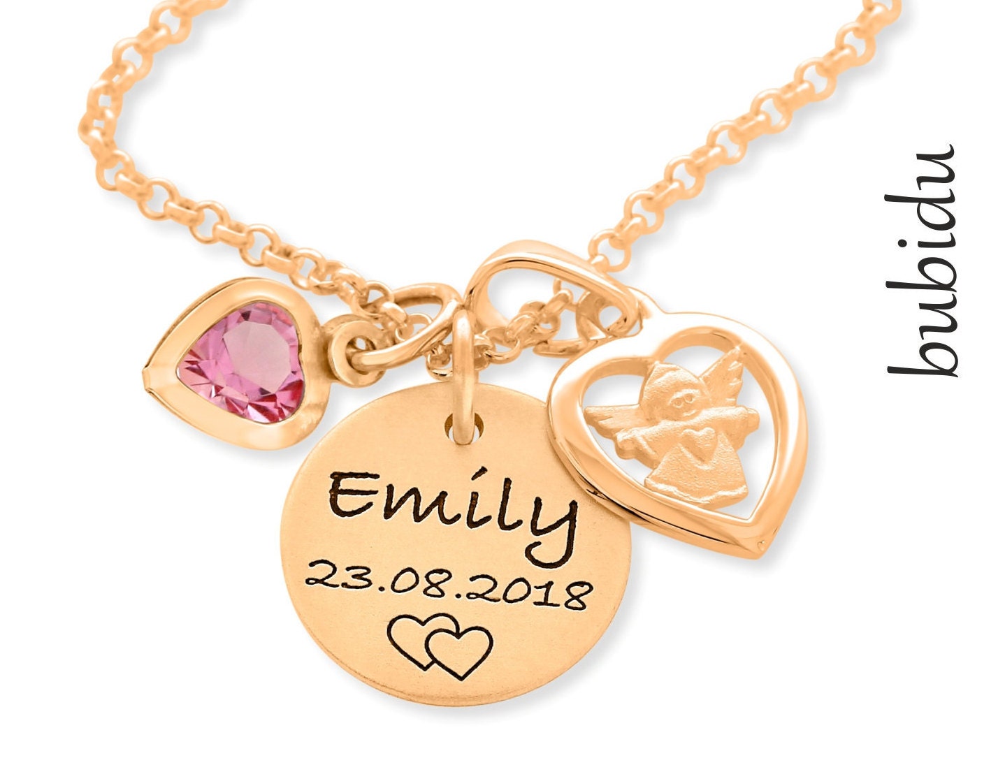 Taufkette Gravur Schutzengel Engel Namenskette Rosé Vergoldet Herz Anhänger Geschenk Taufe Kommunion Konfirmation Kinderkette von BubiduDE