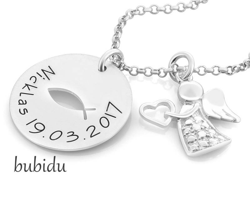 Taufkette Gravur Taufschmuck Engel Namenskette Taufe Silberkette Junge Mädchen Geschenk Schmuck Geburt Ichthys Namensschmuck Baby Engelchen von BubiduDE