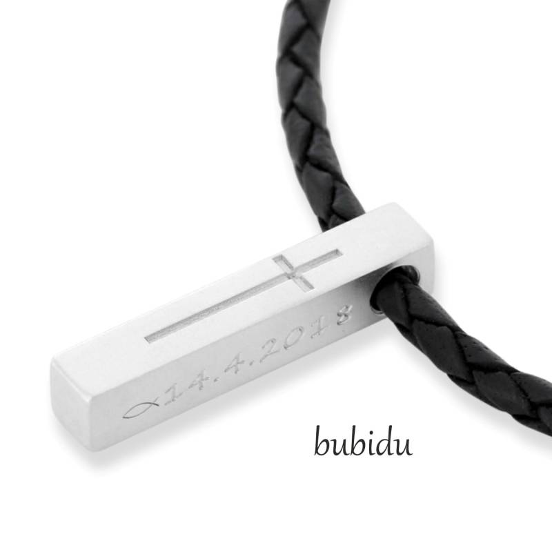 Kommunion Taufkette 925 Sterling Silber Lederkette Geflochten Barren Anhänger Taufe Geschenk Konfirmation Taufschmuck Gravur Kinder Jungen von BubiduDE