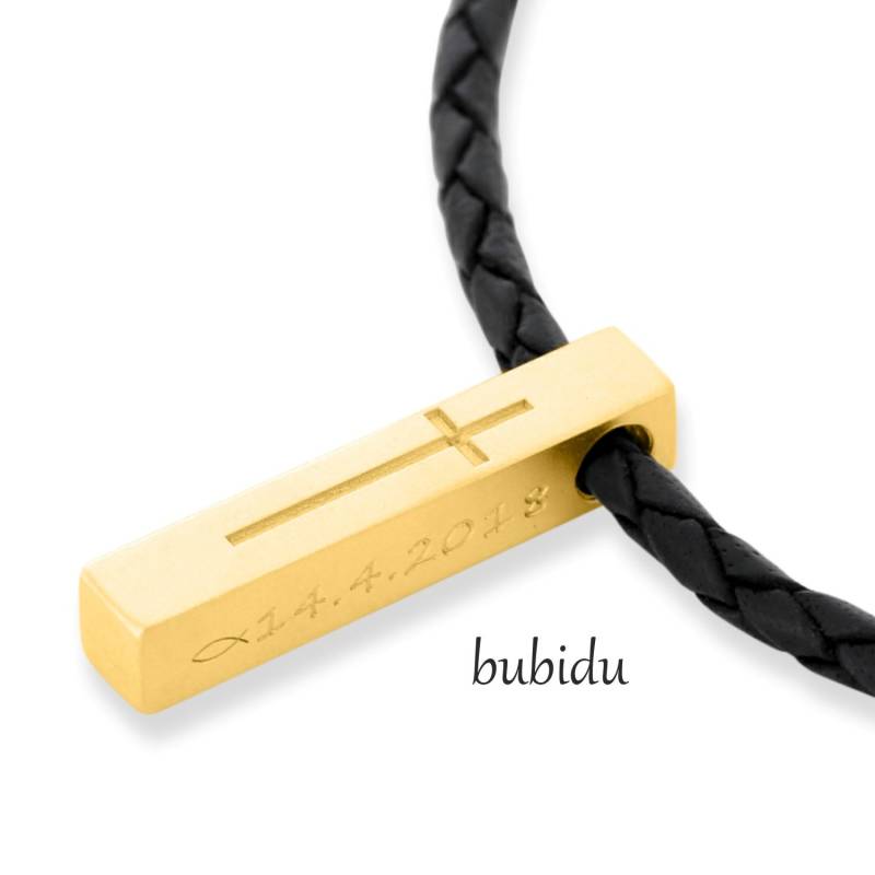 Taufkette Junge Kreuz Lederkette Gravur Geschenk Zur Taufe Kommunion Konfirmation Namenkette Vergoldet Ichthys Einschulung Halskette Name von BubiduDE
