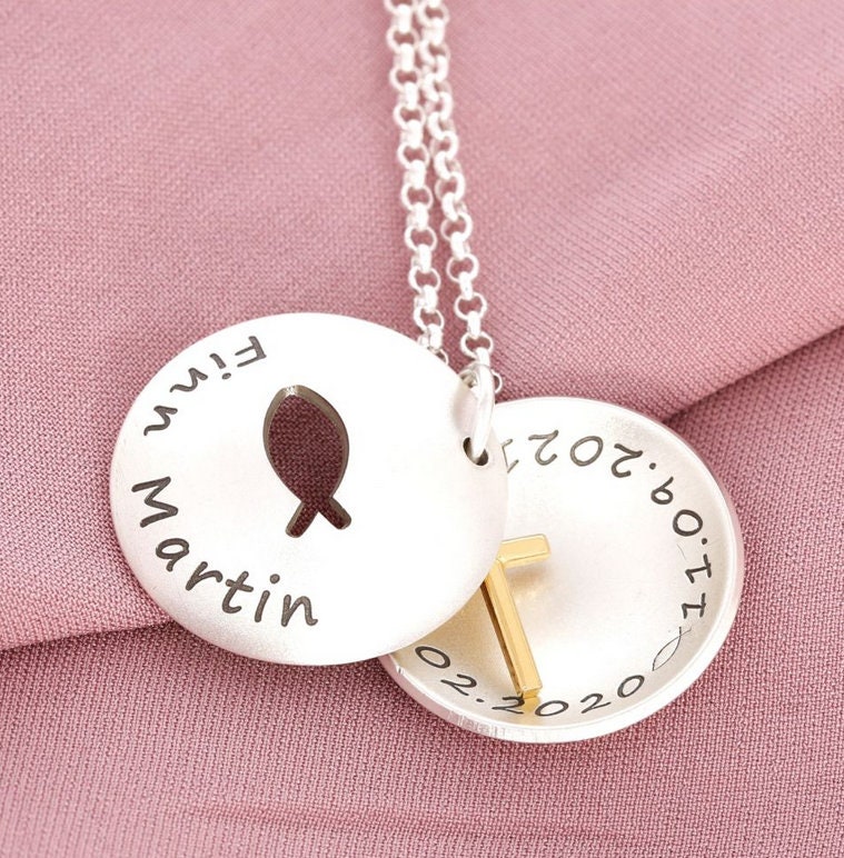 Taufkette Kreuz Medaillon Tauffisch Silberschmuck Ichtys Silberkette 925 Anhänger Name Datum Andenken Kommunion Geschenk Von Paten Eltern von BubiduDE