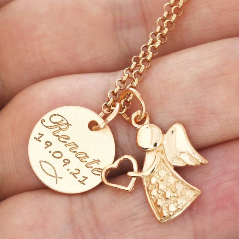 Taufkette Mit Engel Taufschmuck Rosé Gold Gravur Baby Kinderschmuck Mädchen Kette Namenskette Taufe Namen Taufgeschenk Paten von BubiduDE