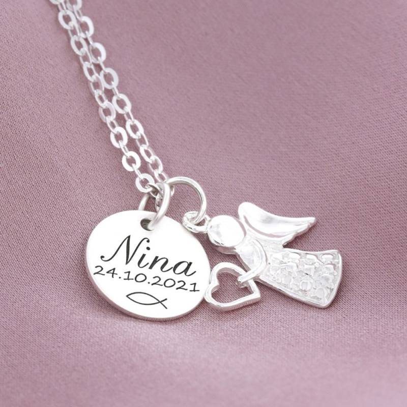 Taufkette Mit Engel Und Gravur Taufschmuck 925 Silber Geschenk Taufe Kommunion Konfirmation Einschulung Segnung Geburtstag Namenskette von BubiduDE
