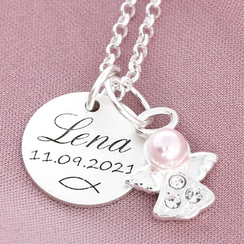 Taufkette Mit Engelanhänger Personalsiert Perle Mädchen Kette Taufe Schmuck Kommunion Patengeschenk Namensschmuck Gravur Engel Name von BubiduDE