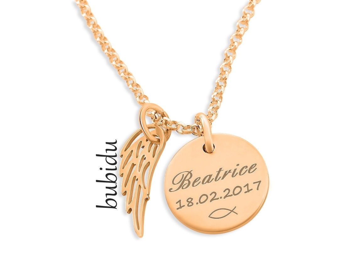 Taufkette Mit Flügel Taufschmuck Gravur Rosegold Taufe Kette Mädchen Taufgeschenk Schmuck Zur Geburt Engelsflügel Namenskette Rosé Geschenk von BubiduDE