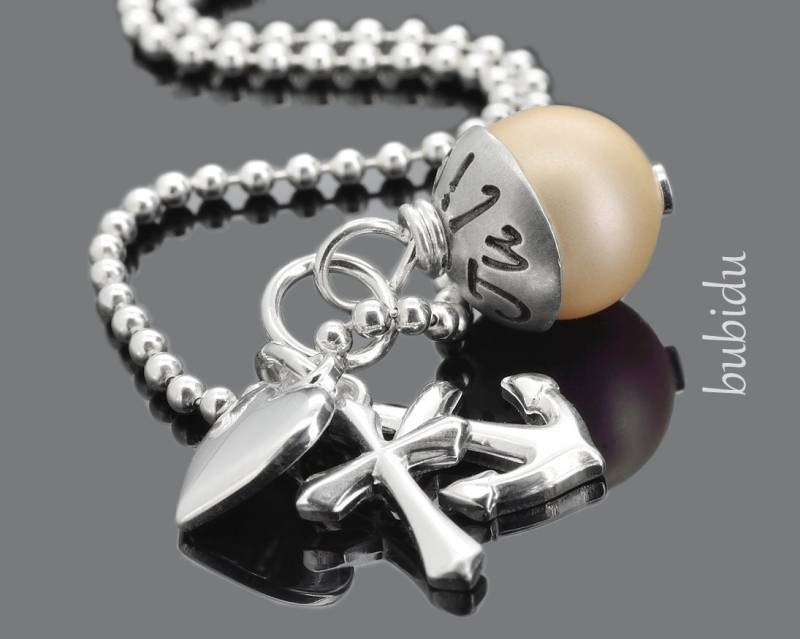 Taufkette Mit Gravur Namenskette Taufe Schmuck Kommunion Glaube Liebe Hoffnung Kette Namensperle Geschenk Patnekind Silberschmuck Namen von BubiduDE