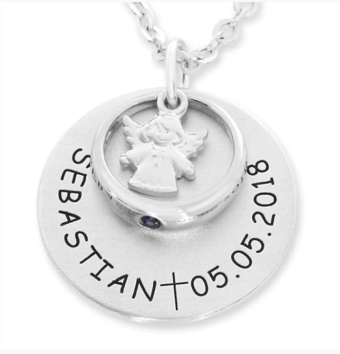 Taufkette Mit Taufring Taufschmuck Gravur Taufe Schmuck 925 Sterling Silber Engel Kette Baby Silberschmuck Taufringe Schutzengel Name Datum von BubiduDE