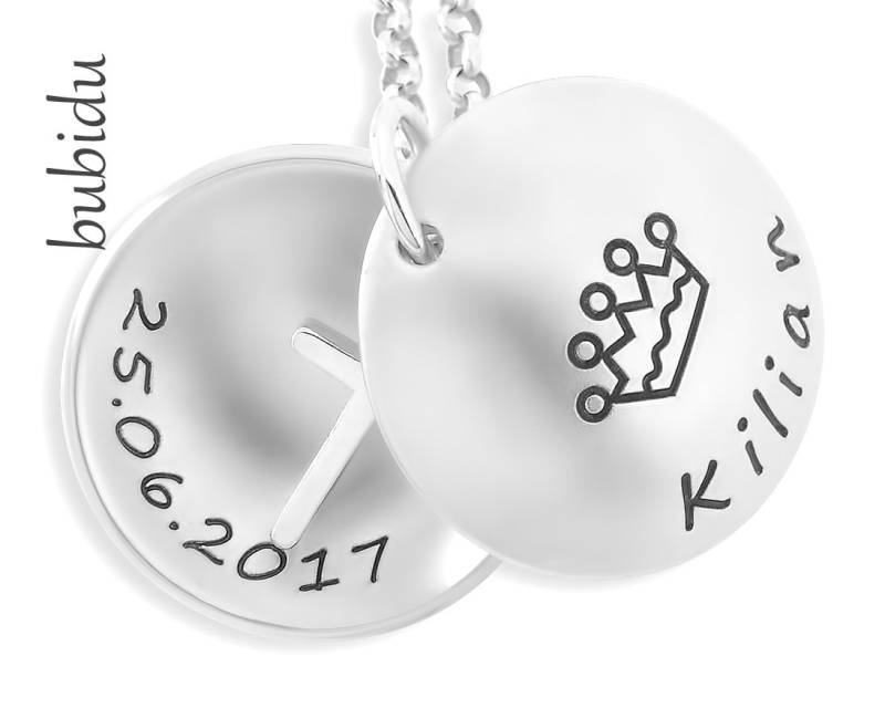 Taufkette Silber Mit Gravur Taufschmuck Mit Namen Medaillon Zur Taufe Kreuz Kette Baby Taufgeschenk Junge Namenskette Kind 925 Krone von BubiduDE