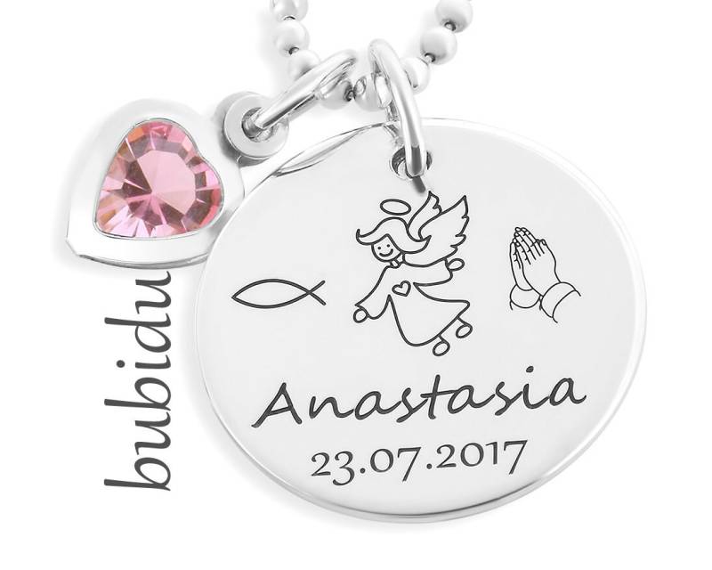 Taufkette Silber Taufschmuck Gravur Taufgeschenk Mädchen Silberkette Rosa Herz Silberschmuck Engel Ichthys Betende Hände Babyschmuck von BubiduDE