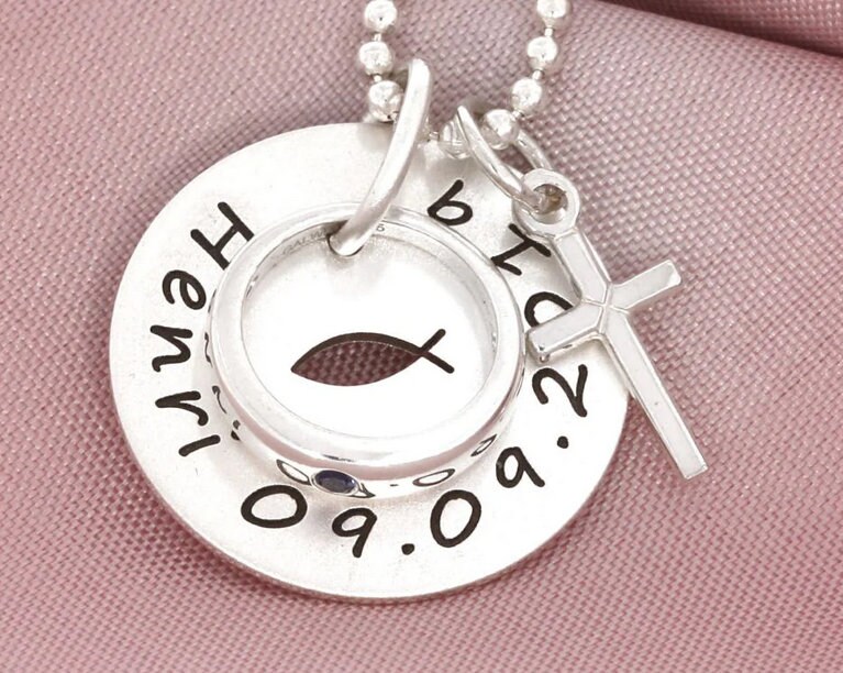 Taufkette Taufring Taufschmuck Gravur Kette Taufe Ring Kreuz Schmuck Geschenk Baby Taufgeschenk Text Wunschgravur Silberkette Ichthys Bubidu von BubiduDE