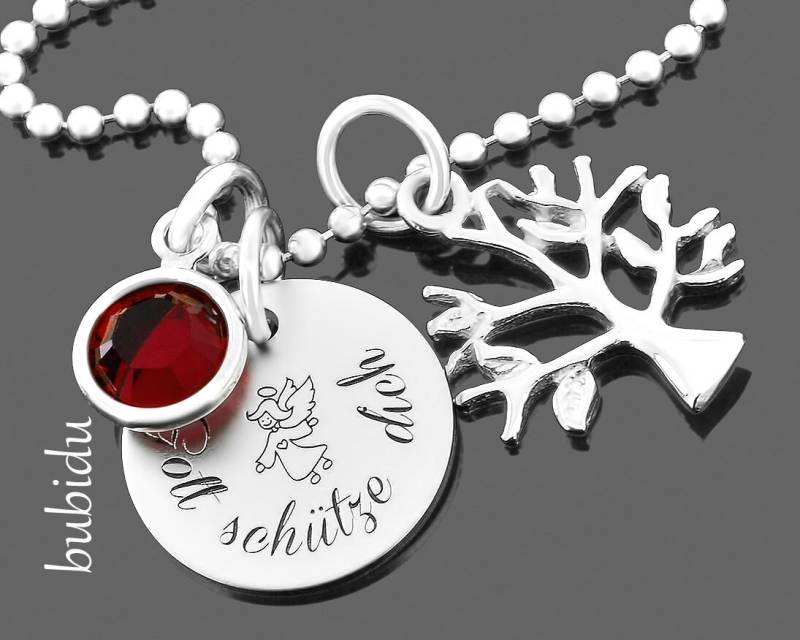 Taufkette Taufschmuck Kette Lebensbaum Baby Junge Mädchen Schmuck Mit Gravur Personalisiert Namen Monatsstein Baumanhänger Motiv von BubiduDE