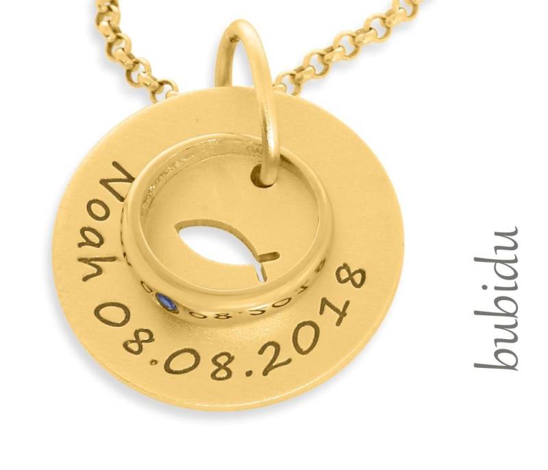 Taufkette Gold Gravur Namenskette Taufgeschenk Kinderkette Taufring Kette Mit Anhänger Tauffisch Bubidu Ichthys Schmuck Zur Taufe 925 Silber von BubiduDE