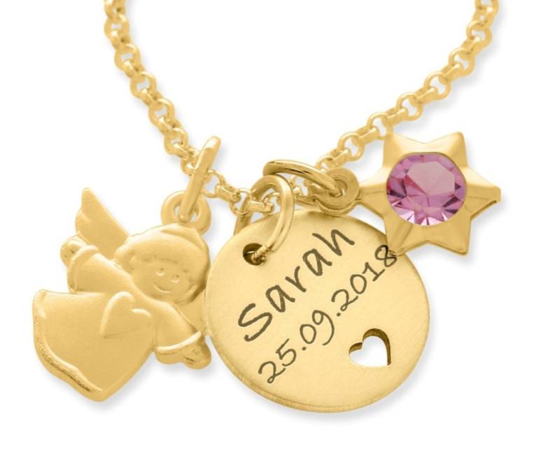 Taufkette Vergoldet Namenskette Engel Anhänger Halskette Gravur Geschenk Taufe Kommunion Konfirmation Schutzengel Stern Kristall Taufschmuck von BubiduDE
