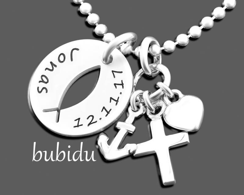 Taufschmuck Gravur Taufkette Glaube Liebe Hoffnung Taufe Schmuck Anker Kreuz Herz Kette Taufgeschenk Ichthys Tauffisch Silberkette Geburt von BubiduDE