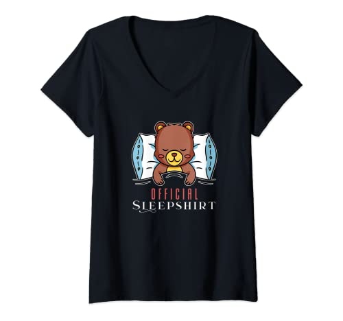 Damen Schlafen Bär Bärenschlaf Winterschlaf Schlafshirt Bubu T-Shirt mit V-Ausschnitt von Bubu machen Schlafshirt Schlaf Outfit Bär Winter