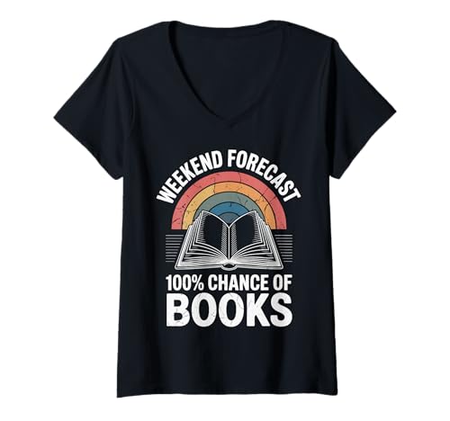 Damen Weekend Forecast 100% Chance of Books T-Shirt mit V-Ausschnitt von Buch Bücherwurm Bibliophiler Leser Lesen