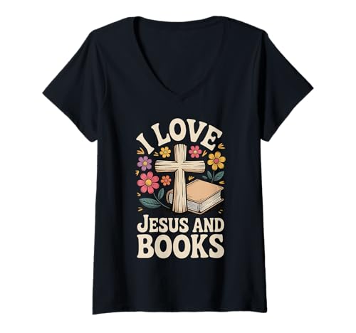 Damen I Love Jesus and Books T-Shirt mit V-Ausschnitt von Buch Christlich Jesus Leser Lesen Religiös