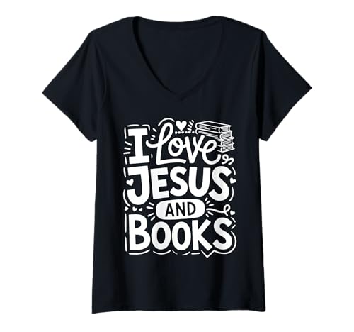 Damen I Love Jesus and Books T-Shirt mit V-Ausschnitt von Buch Christlich Jesus Leser Lesen Religiös