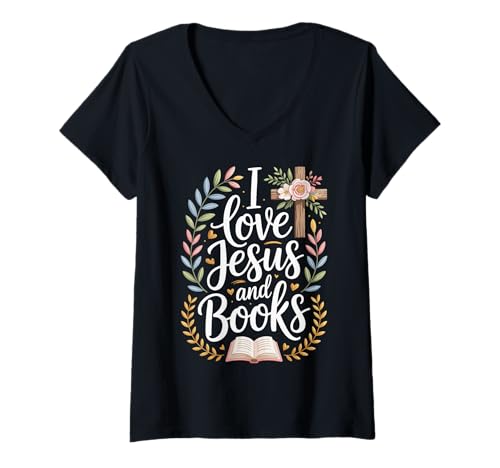 Damen I Love Jesus and Books T-Shirt mit V-Ausschnitt von Buch Christlich Jesus Leser Lesen Religiös
