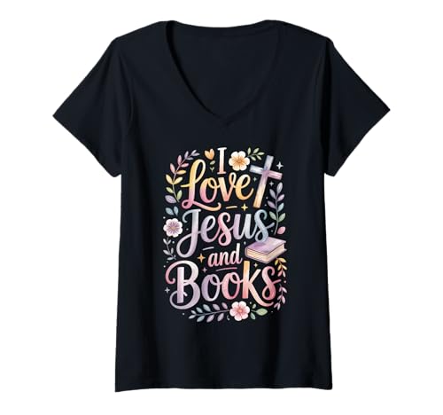 Damen I Love Jesus and Books T-Shirt mit V-Ausschnitt von Buch Christlich Jesus Leser Lesen Religiös