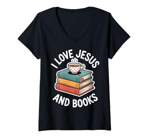 Damen I Love Jesus and Books T-Shirt mit V-Ausschnitt von Buch Christlich Jesus Leser Lesen Religiös