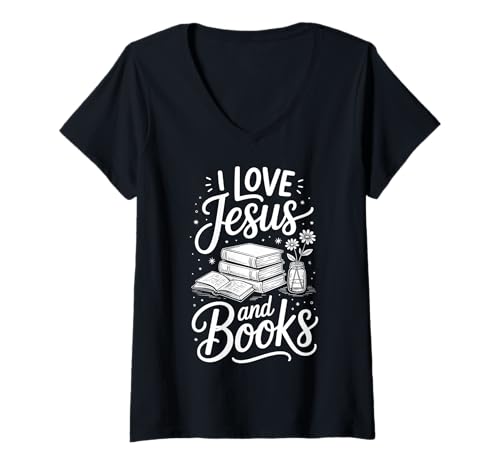 Damen I Love Jesus and Books T-Shirt mit V-Ausschnitt von Buch Christlich Jesus Leser Lesen Religiös