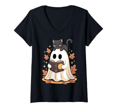 Damen Geist Buch Leser Katze T-Shirt mit V-Ausschnitt von Buch Katze Lesen Gruseliger Leser Süß Kawaii