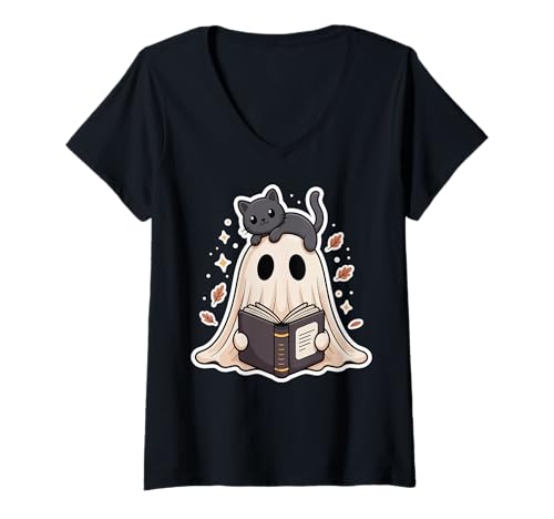 Damen Geist Buch Leser Katze T-Shirt mit V-Ausschnitt von Buch Katze Lesen Gruseliger Leser Süß Kawaii