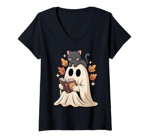 Damen Geist Buch Leser Katze T-Shirt mit V-Ausschnitt von Buch Katze Lesen Gruseliger Leser Süß Kawaii