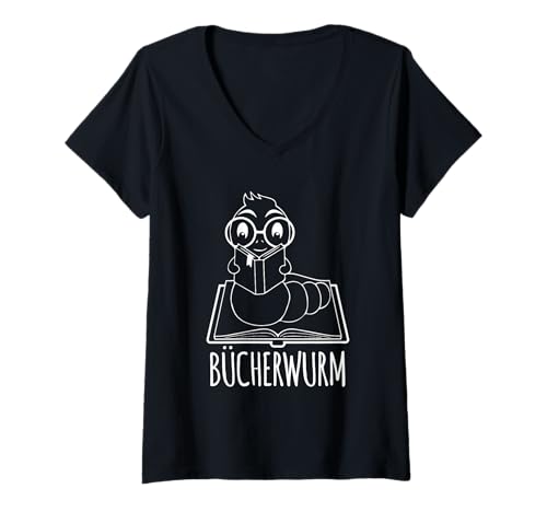Damen Bücherwurm Silhouette Minimalistisch Nerd T-Shirt mit V-Ausschnitt Damen Bücherwurm Silhouette Minimalistisch Nerd T-Shirt mit V-Ausschnitt von Buch Lesen Bücherwurm Design