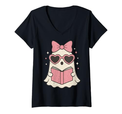 Damen Geister Lesebuch Halloween Katzenliebhaber T-Shirt mit V-Ausschnitt von Buch Lesen Leser Geist Halloween Gruselig