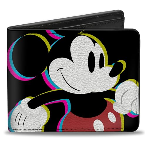 Buckle-Down Herren Disney Geldbörse, Bifold, CMYK Mickey Mouse Walking Pose Pixel Text Black Multi Neon, veganes Leder, Mehrfarbig, Standardgröße, Mehrfarbig, Standard größe von Buckle-Down