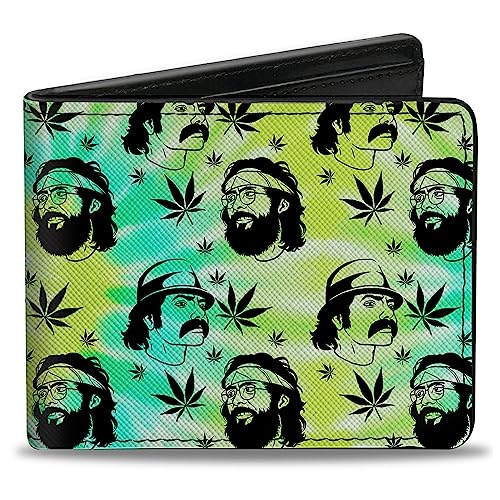 Buckle-Down Cheech & Chong Geldbörse, Bifold, Cheech und Chong Karikatur Gesichter Topf Blätter Scatter Tie Dye Veganes Leder, Mehrfarbig, 4.0" x 3.5", Casual von Buckle-Down