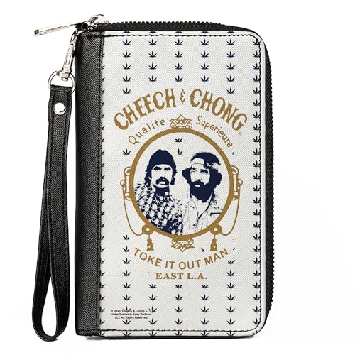 Buckle-Down Cheech & Chong Geldbörse, Reißverschluss umlaufend, Cheech Chong Zigarettenpapier Spiegel Topf Blätter Weiß Blau Gold Veganes Leder, 7.5"x4.5", Casual von Buckle-Down