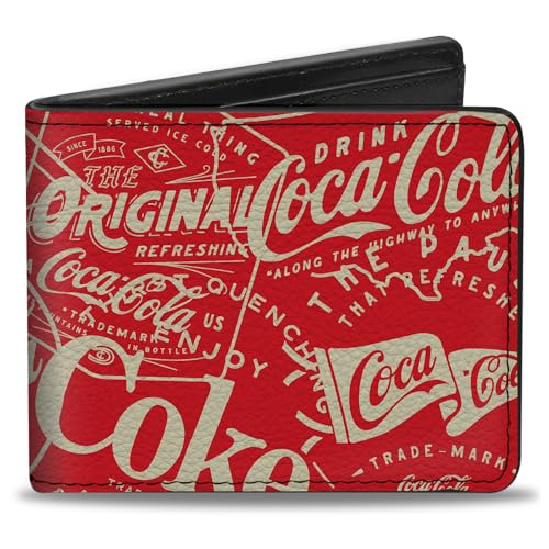 Buckle-Down Coca-Cola Geldbörse Bifold Vintage Coca Cola Coke Icons und Ad-Logos Rot Weiß Veganes Leder von Buckle-Down