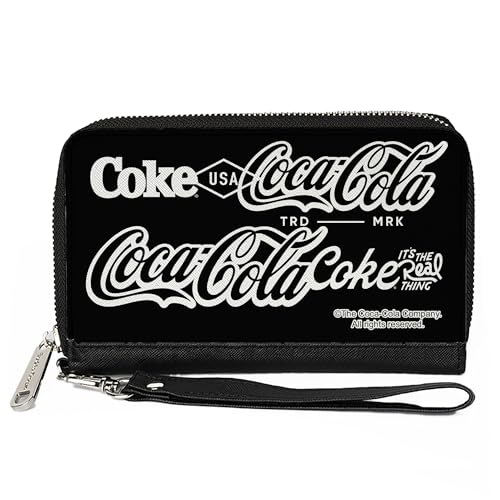Buckle-Down Coca-Cola Geldbörse mit umlaufendem Reißverschluss, Coca Cola Coke Typografie It's The Real Thing Schwarz Weiß, Veganes Leder von Buckle-Down