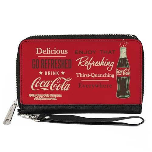 Buckle-Down Coca-Cola Geldbörse mit umlaufendem Reißverschluss Coca Cola Enjoy That Everywhere Flasche Rot Weiß Braun Veganes Leder von Buckle-Down