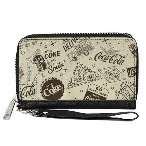 Buckle-Down Coca-Cola Geldbörse mit umlaufendem Reißverschluss Vintage Coca Cola Have a Coke and Smile Icons Collage Beige Veganes Leder von Buckle-Down