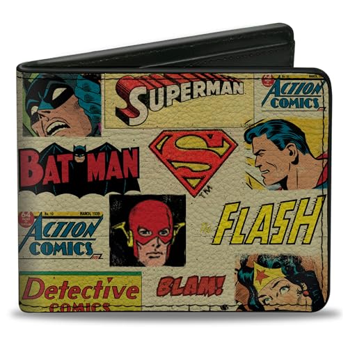 Buckle-Down DC Comics Geldbörse Bifold DC Comics Justice League Retro Superhelden Gesichter Logos Collage Veganes Leder, 4.0" x 3.5", Casual von Buckle-Down