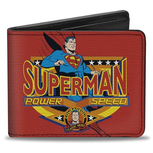 Buckle-Down DC Comics Geldbörse Bifold Superman Power Speed Pose Badge Rot Veganes Leder, Rot/Ausflug, einfarbig (Getaway Solids), 4.0" x 3.5", Casual von Buckle-Down