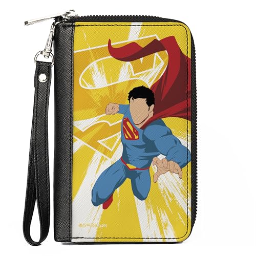 Buckle-Down DC Comics Geldbörse mit umlaufendem Reißverschluss, Superman No Face Pose und Shield Logo Rays Yellows, veganes Leder, gelb, 7.5"x4.5", Casual von Buckle-Down