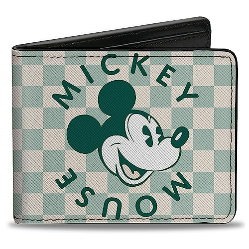 Buckle-Down Disney Geldbörse, Bifold, Mickey Mouse Smiling Checker Graugrün, veganes Leder, Grün , 4.0" x 3.5", Casual von Buckle-Down