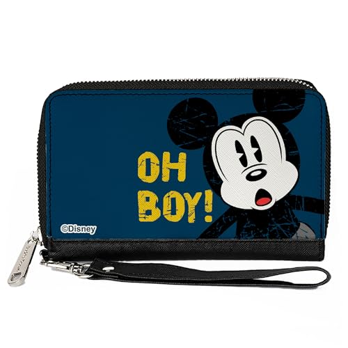 Buckle-Down Disney Geldbörse, Reißverschluss, Mickey Mouse Oh Boy Pose Weathered Blue Gold, veganes Leder, Blau, 7.5"x4.5", Casual von Buckle-Down