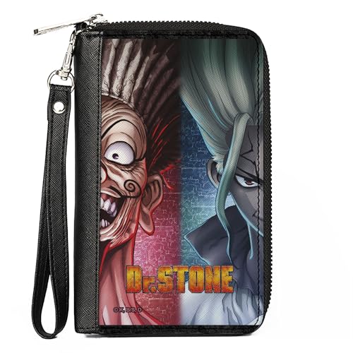 Buckle-Down Dr. Stone Geldbörse, Zip Around Dr Stone Ibara Senku Split Pose und Title Logo Reds Blues, veganes Leder von Buckle-Down