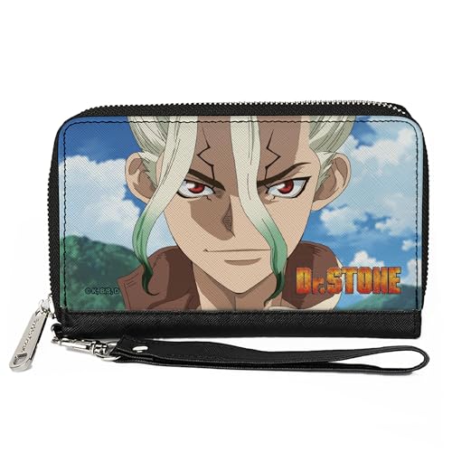 Buckle-Down Dr. Stone Geldbörse mit umlaufendem Reißverschluss Dr. Stone Senku Ishigami Neue Weltkarte Pose und Titellogo Veganes Leder von Buckle-Down
