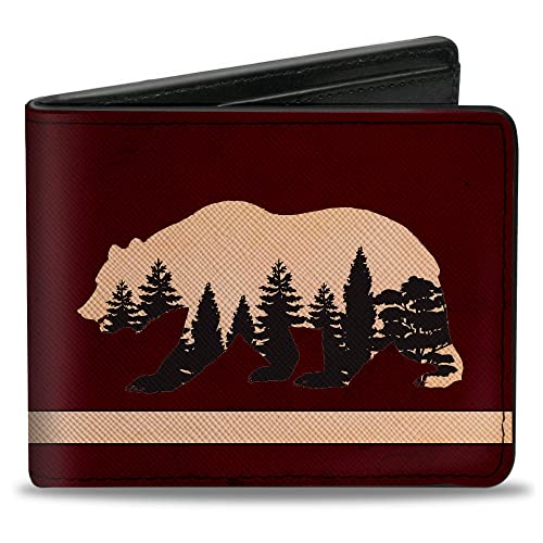 Buckle-Down Geldbörse, Bifold, Cali Bear Silhouette mit Bäumen Streifen Burgunderrot Hellbraun Schwarz Veganes Leder, Rot/Ausflug, einfarbig (Getaway Solids), 4.0" x 3.5", Casual von Buckle-Down