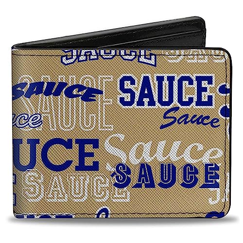 Buckle-Down Geldbörse, Bifold, Sauce Typografie Collage Tan Weiß Blau Veganes Leder, Blau, weiß, 4.0" x 3.5", Casual von Buckle-Down